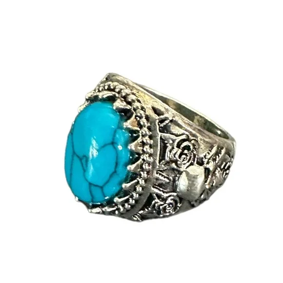 Turquoise and silver thick ring with engraved skulls retro size 6 - Picture 2 of 6
